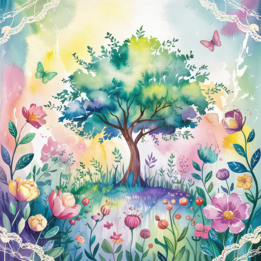 watercolor style, whimsical tree, pastel rainbow, butterfly motifs, floral garden, nature scene, soft pastels, dreamy landscape, quilting panel, cotton fabric, spring flowers, magical forest, artistic blending, colorful foliage, botanical elements, fairy tale mood, children's fabric, craft panel, blooming meadow