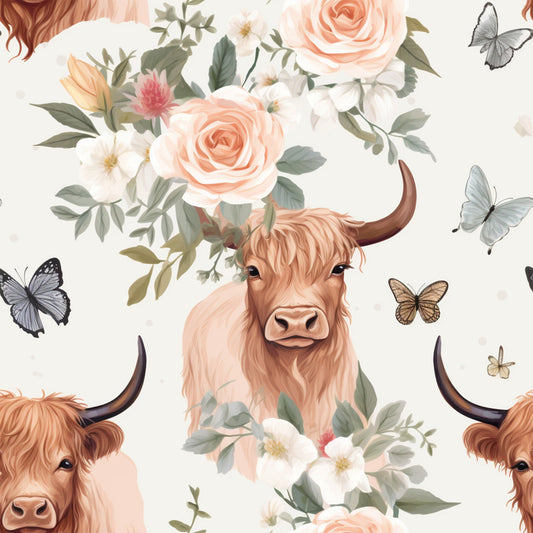 Vintage Highland Cows Pattern 4 Quilting Cotton Fabric