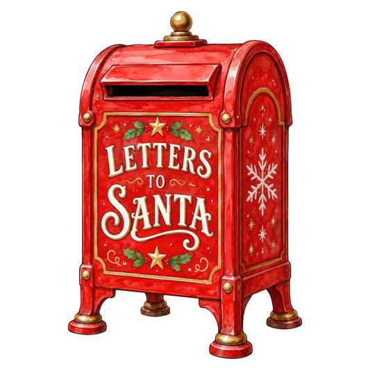 red, gold, cream, holiday, christmas, santa, letters to santa, festive, vintage, whimsical, traditional, mailbox, stars, snowflakes, holly, decorative, seasonal, winter, nostalgic, elegant, ornamental, december, yuletide, postbox, magical, children's, storybook, red and gold, christmas themed, winter decor