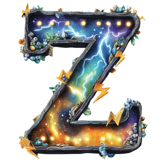 celestial, lightning bolt, electric blue, gold, purple, orange, starry night, cosmic, magical, whimsical, fantasy, nature elements, berries, leaves, flowers, glowing lights, mystical, enchanted, dark sky, warm tones, cool tones, dimensional, modern fantasy, decorative, statement panel, bold pattern, illuminated, dreamy, magical forest, jewel tones