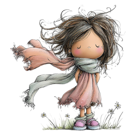 whimsical girl, illustrated character, children's design, pastel colors, dusty rose, soft pink, sage green, muted tones, nature theme, flowers, daisy, botanical, girl illustration, cute character, sweet style, innocent, playful, storybook art, children's fabric, apparel print, springtime, whimsical illustration, flowing fabric, movement, artistic, hand-drawn style, girl with flowers, cottage core, child-friendly