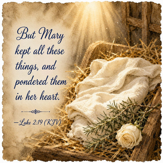 cream, beige, tan, light brown, gold, soft gold, nativity, christmas, religious, spiritual, scripture, bible verse, luke 2:19, manger scene, baby jesus, holy, sacred, vintage, rustic, traditional, elegant, farmhouse, natural, botanical, roses, greenery, straw, wood texture, sepia tone, warm tones