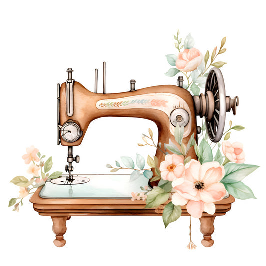 vintage sewing machine, floral, peach flowers, cream, tan, brown, sage green, blush pink, botanical, roses, leaves, retro, nostalgic, cottage core, farmhouse, shabby chic, spring, timeless, delicate florals, embellished, decorative, elegant, romantic, traditional, sewing themed, crafting, antique, soft colors, pastel