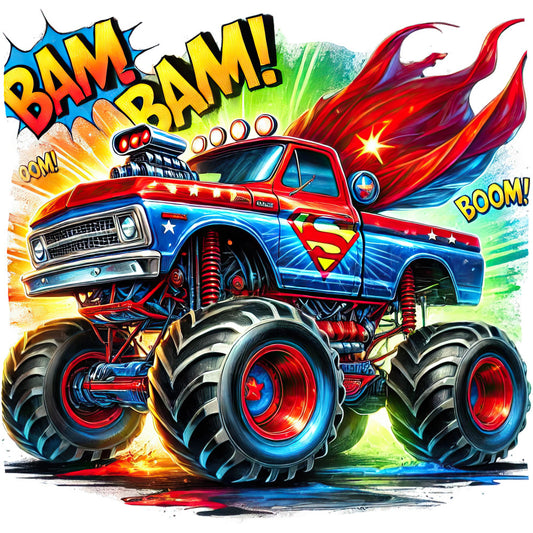 superhero, superman, monster truck, big wheels, comic book, action, red, blue, yellow, orange, flame, fire, explosion, bold, vibrant, cartoon, pop art, children, boys, vehicles, trucks, comic style, pow, bam, dynamic, energetic, fun, playful