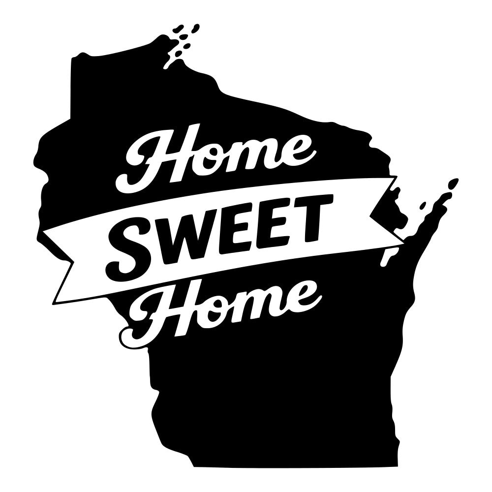 wisconsin state, home sweet home, typography, black and white, monochrome, patriotic, americana, vintage, retro, state pride, inspirational, home decor, wall hanging, map silhouette, text design, rustic, farmhouse, banner ribbon, classic style, regional pride, midwest, state shape, novelty print, home themed, timeless, black fabric, traditional design