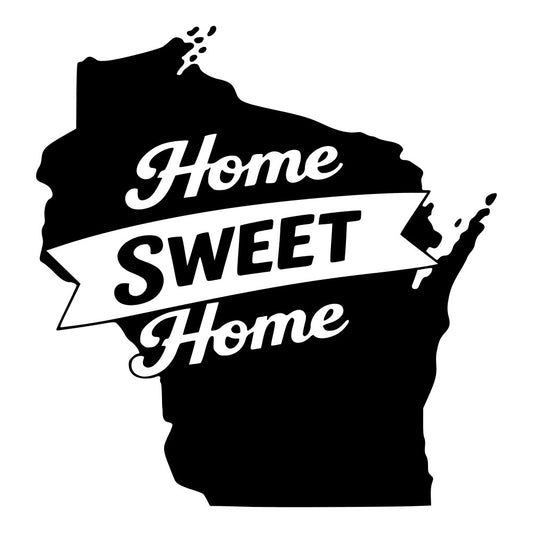 wisconsin state, home sweet home, typography, black and white, monochrome, patriotic, americana, vintage, retro, state pride, inspirational, home decor, wall hanging, map silhouette, text design, rustic, farmhouse, banner ribbon, classic style, regional pride, midwest, state shape, novelty print, home themed, timeless, black fabric, traditional design