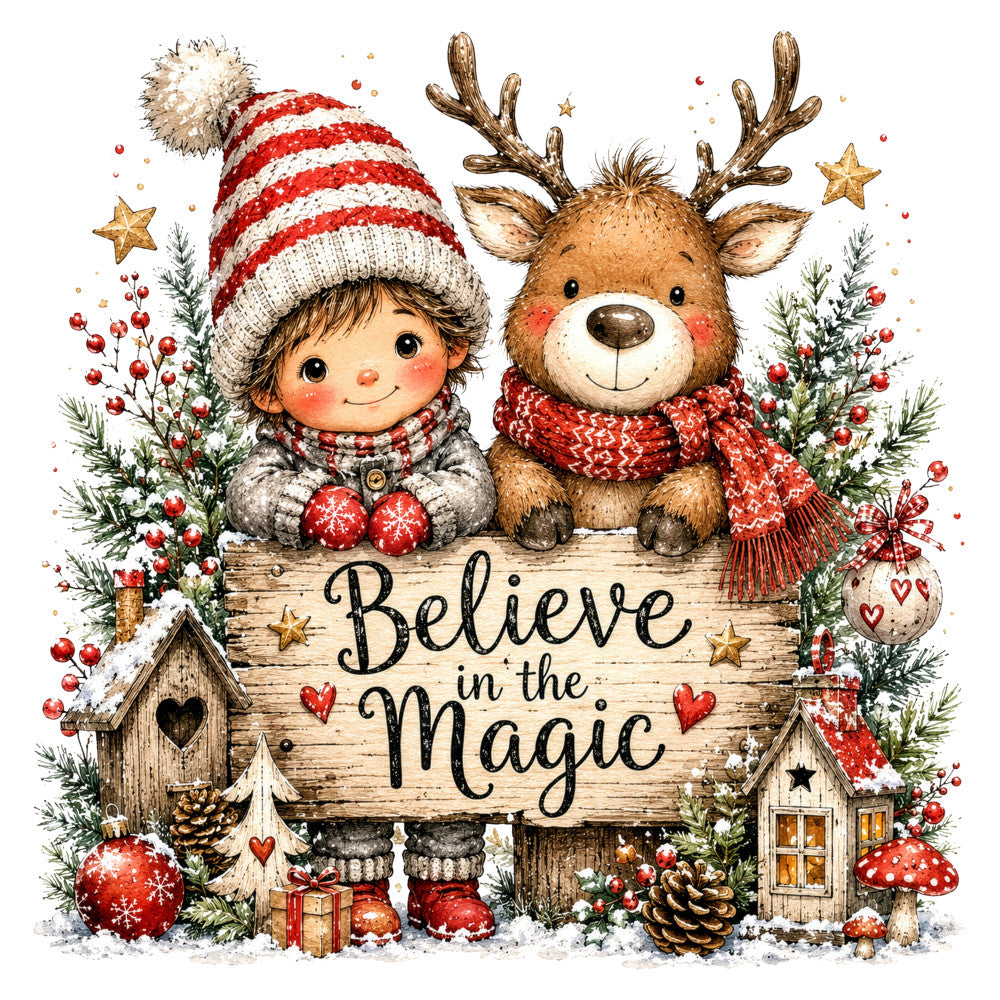 believe in the magic, christmas, holiday, red and white, cream, gold, brown, whimsical, vintage, rustic, reindeer, child, gnome, hearts, stars, pine branches, berries, birdhouses, festive, winter, magical, sweet, folk art, traditional, snow, wooden sign, cozy, decorative panel, wall hanging, seasonal
