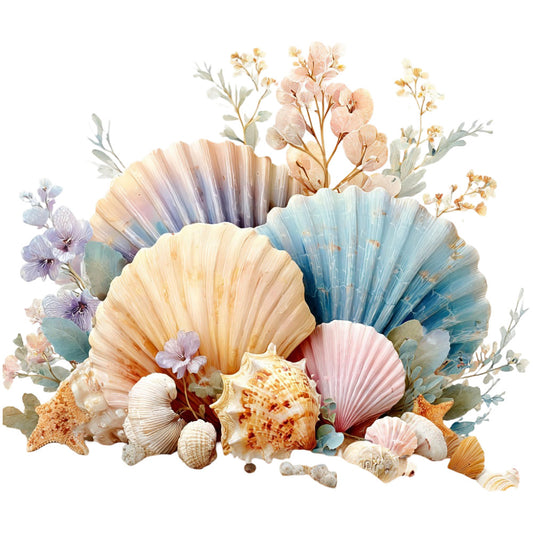 seashells, starfish, coastal, nautical, beach, ocean, dusty rose, blush pink, peach, cream, soft blue, pale blue, sage green, eucalyptus, dried flowers, botanical, nature, shells, pearls, elegant, whimsical, romantic, coastal living, summer, seaside, decorative, wall hanging, home decor, boho, bohemian