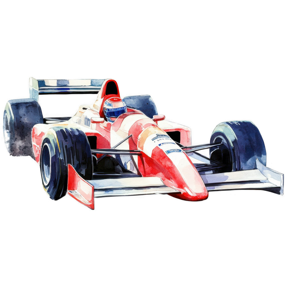 watercolor, formula one, racing car, red, white, blue, automotive, sports car, vehicle, speed, racing theme, fabric panel, quilting cotton, motorsports, contemporary art, transportation, machine, wheels, cockpit, racing helmet