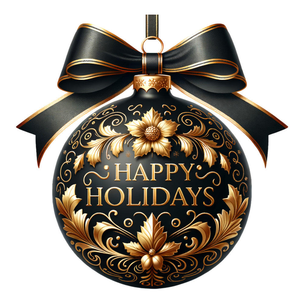 black, gold, christmas ornament, decorative bow, floral motifs, ornate patterns, swirls, holiday themed, fabric panel, elegant design, metallic accents, festive, seasonal print, quilting cotton, craft fabric, winter holidays, ornamental design, luxurious appearance