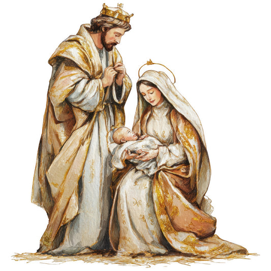 gold, cream, white, brown, nativity scene, holy family, joseph, mary, baby jesus, religious, christmas, biblical, fabric panel, quilting cotton, watercolor style, soft colors, halo, crown, robes, sacred figures, holiday fabric, spiritual theme