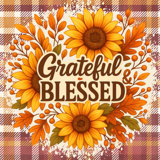 grateful, blessed, sunflower, autumn, fall, harvest, thanksgiving, plaid, checkered, farmhouse, rustic, yellow, gold, orange, brown, cream, floral, nature, botanical, leaves, berries, traditional, warm tones, seasonal, decorative, inspirational, gratitude, cozy, country style