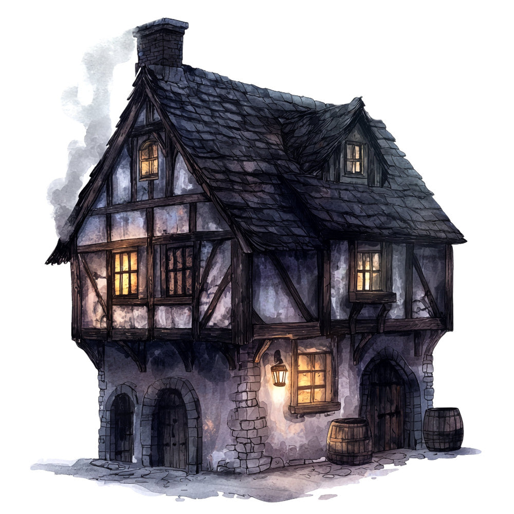 haunted house, gothic, dark purple, charcoal black, stone gray, cream white, spooky, moody, fantasy, whimsical, medieval, architectural, cottage core, half-timbered, chimney, windows, lantern, barrels, arched doors, dark academia, victorian, gloomy, atmospheric, autumn, halloween, magical, storybook, illustration style, enchanted, mystical