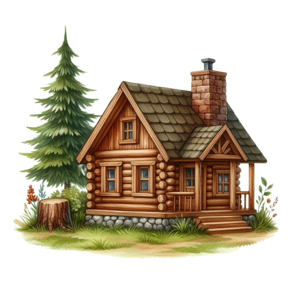 cabin, log house, forest green, warm brown, cream, rustic, woodland, cottage, nature, evergreen tree, brick chimney, countryside, traditional, cozy, farmhouse, winter, autumn, landscape, architecture, home, forest, pine tree, stone foundation, vintage, scenic, nature scene, architectural, earth tones, peaceful
