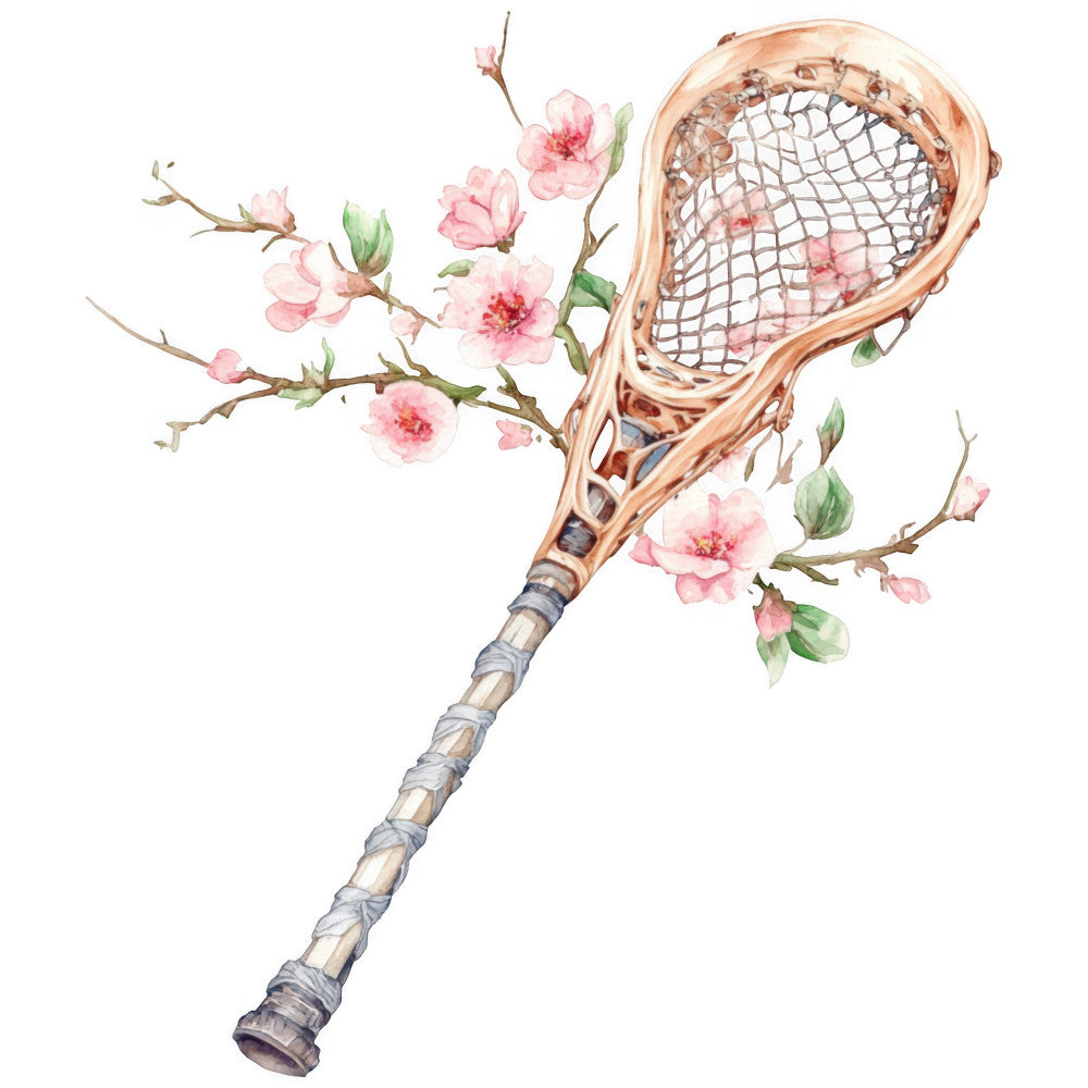 tennis racket, pink blossoms, cherry blossoms, sports, athletic, vintage sports, blush pink, soft pink, pale pink, sage green, botanical, floral branches, spring, nature, elegant, whimsical, romantic, vintage aesthetic, delicate flowers, sports equipment, tennis theme, garden florals, watercolor style, feminine, classic sports, decorative panel, wall art, springtime, cottage style