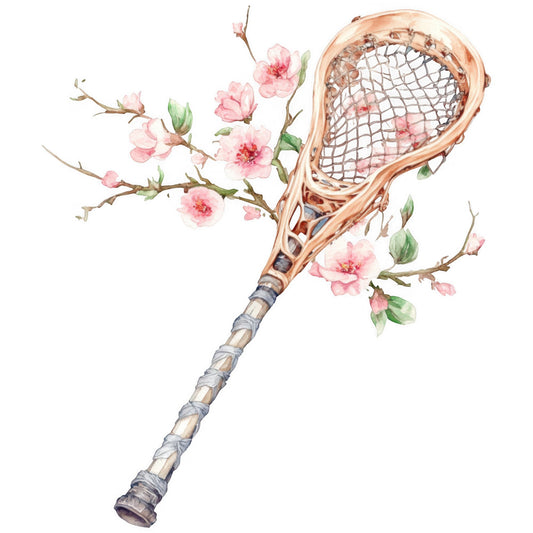 tennis racket, pink blossoms, cherry blossoms, sports, athletic, vintage sports, blush pink, soft pink, pale pink, sage green, botanical, floral branches, spring, nature, elegant, whimsical, romantic, vintage aesthetic, delicate flowers, sports equipment, tennis theme, garden florals, watercolor style, feminine, classic sports, decorative panel, wall art, springtime, cottage style