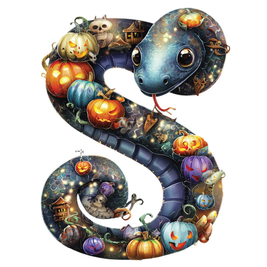 halloween, jack-o'-lantern, pumpkin, spooky, serpent, snake, dark blue, orange, purple, gold, autumn, fall, haunted house, skull, whimsical, fantasy, celestial, creepy, festive, seasonal, wall hanging, decorative panel, glowing pumpkins, magical, steampunk, victorian gothic, trick-or-treat, october, illuminated, mystical