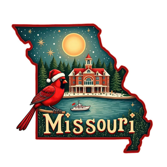Christmas US States Fabric Panel 26 featuring Missouri shape with cardinal, festive house, moon, and winter night scene on premium cotton.