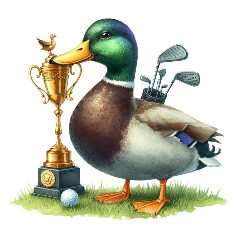 mallard duck, golf, sports, trophy, iridescent green, emerald green, bronze brown, white, cream, gold, whimsical, humorous, funny, novelty, animal, bird, golf clubs, golf ball, grass green, competitive, victory, champion, gentleman sports, vintage style, casual, playful, quirky