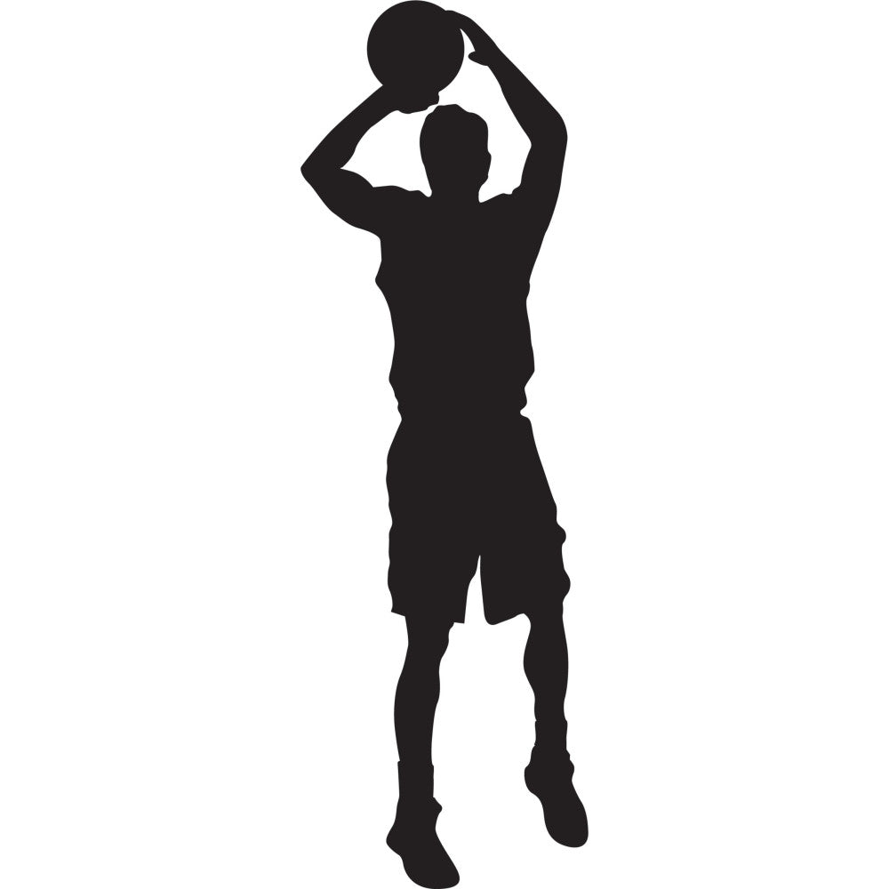 basketball, sports, silhouette, athlete, black, monochrome, shooting, sports silhouette, basketball player, jump shot, athletic, modern, contemporary, sports themed, game day, basketball fan, court, slam dunk, hoops, athletic wear, sportswear, team spirit, competitive, action, dynamic, masculine, wall art, apparel