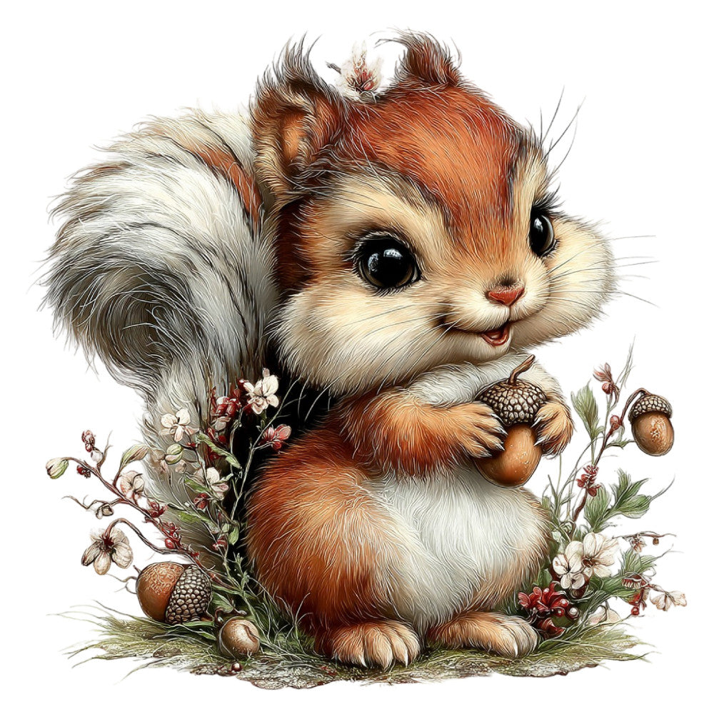 cute squirrel, woodland animals, nature, whimsical, rustic, autumn, fall, spring, reddish-brown, cream, white, tan, beige, acorns, flowers, floral, botanical, children's, baby, nursery, storybook illustration, vintage, pastoral, forest creatures, small animals, detailed illustration, charming, sweet, decorative panel, wall hanging