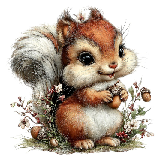 cute squirrel, woodland animals, nature, whimsical, rustic, autumn, fall, spring, reddish-brown, cream, white, tan, beige, acorns, flowers, floral, botanical, children's, baby, nursery, storybook illustration, vintage, pastoral, forest creatures, small animals, detailed illustration, charming, sweet, decorative panel, wall hanging
