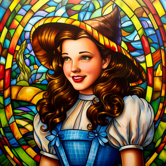 stained glass, dorothy, wizard of oz, brown curls, blue gingham dress, white blouse, red lipstick, fabric panel, quilting cotton, rainbow colors, emerald green, golden yellow, sapphire blue, ruby red, circular design, literary character, whimsical art, vibrant colors, cotton fabric, craft panel