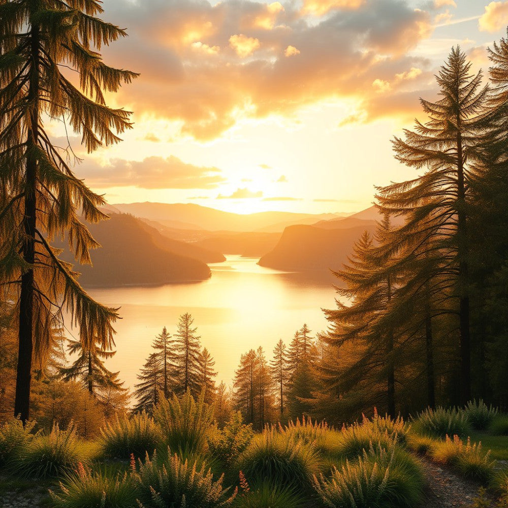golden hour, sunset, mountain landscape, lake scenery, larch trees, coniferous forest, autumn foliage, fall colors, golden yellow, warm orange, amber tones, bronze, copper, nature themed, scenic views, wilderness, alpine, forest scene, water reflection, peaceful landscape, rustic, earth tones, landscape quilting, wall hanging, nature lover, outdoor inspired, twilight, dusk, panoramic view