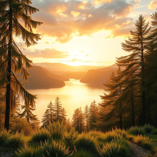 golden hour, sunset, mountain landscape, lake scenery, larch trees, coniferous forest, autumn foliage, fall colors, golden yellow, warm orange, amber tones, bronze, copper, nature themed, scenic views, wilderness, alpine, forest scene, water reflection, peaceful landscape, rustic, earth tones, landscape quilting, wall hanging, nature lover, outdoor inspired, twilight, dusk, panoramic view