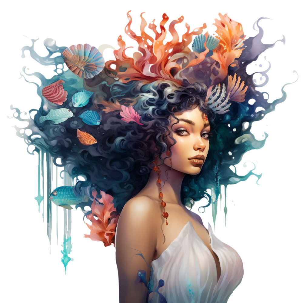 teal, coral, orange, purple, navy blue, mermaid, sea goddess, ocean fantasy, flowing hair, seashells, coral reef, fish, marine life, underwater scene, mystical woman, fantasy art, digital illustration, watercolor effect, fabric panel, quilting cotton, ocean theme, mythical creature, flowing water, sea foam, aquatic elements