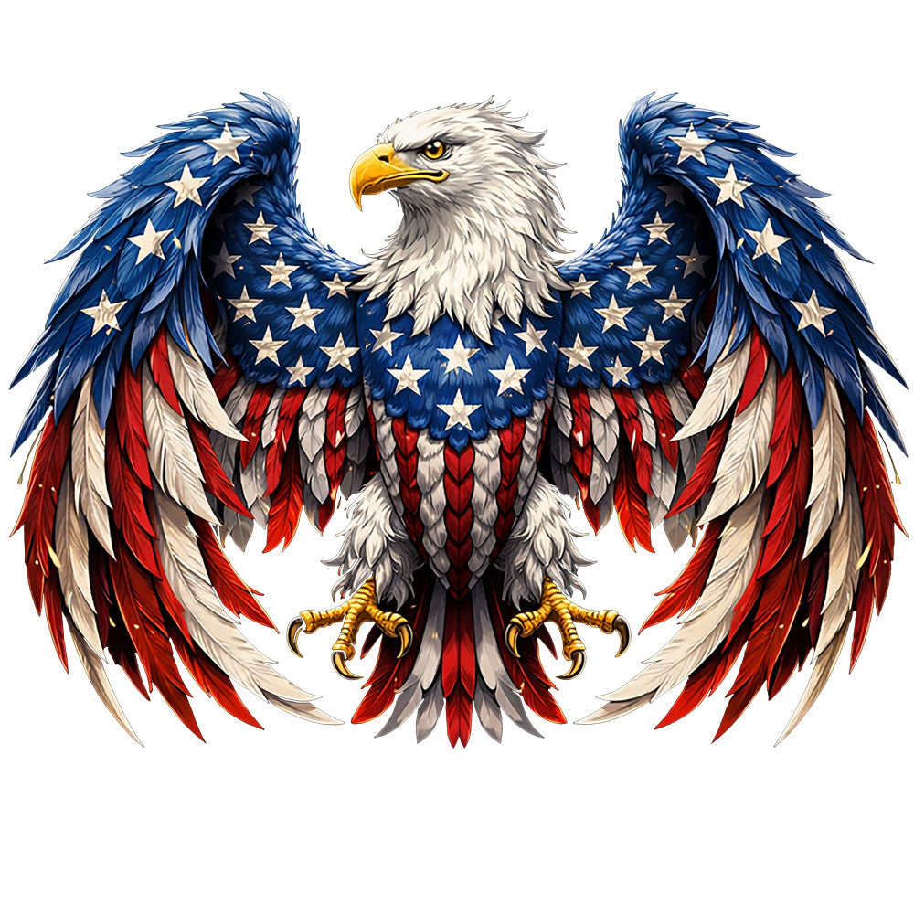 eagle, patriotic, american flag, bald eagle, stars, red white and blue, navy blue, cream white, gold, wings, birds, wildlife, nature, majestic, bold, traditional, americana, fourth of july, independence day, memorial day, veterans day, symbolic, powerful, elegant, detailed illustration, large scale print, statement piece, wall art, home decor, pride