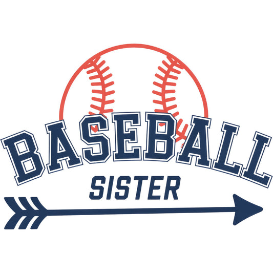baseball sister, navy blue, coral red, sports themed, baseball, sister, arrow, stitching detail, youth sports, team spirit, athletic, modern style, casual style, girl sports, baseball fan, sports sister, nautical style, red and white, geometric arrow, baseball stitches, sports motif, family themed, gift for sister, sports apparel, athletic wear, girls sports, summer sports, team apparel, sporty design, bold lettering
