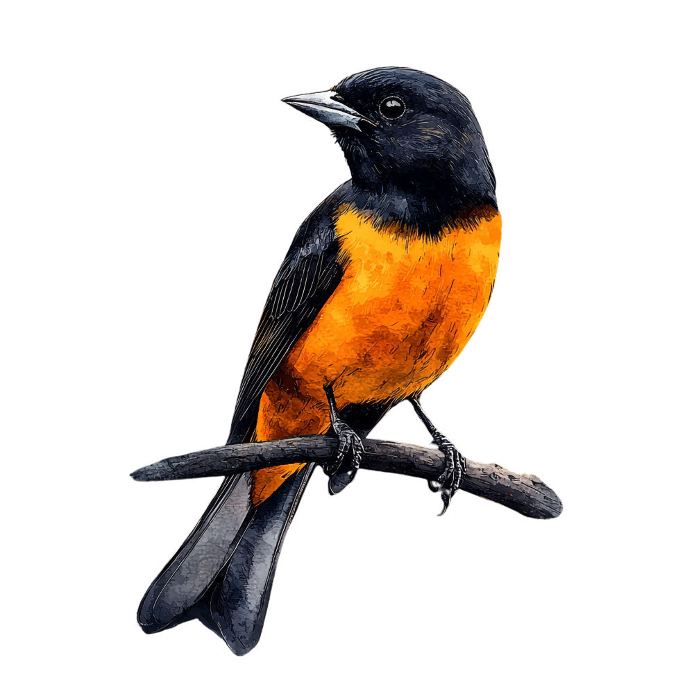 bird, baltimore oriole, orange, black, fabric panel, quilting cotton, wildlife, songbird, nature, realistic illustration, perched bird, branch, white background, vibrant colors, avian, detailed artwork, craft fabric, sewing panel, ornithology, spring bird