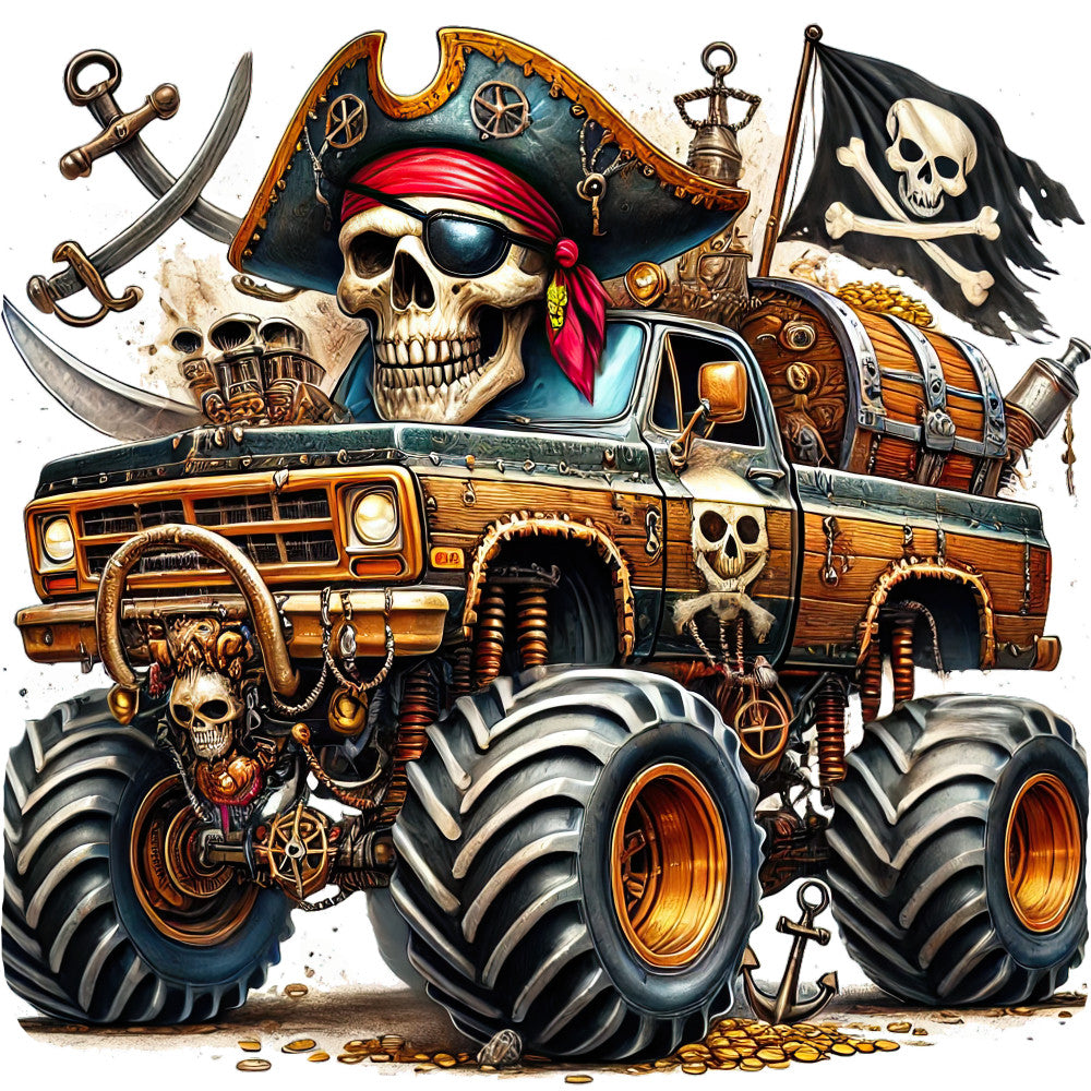 pirate, skull, crossbones, anchor, treasure, gold coins, jolly roger, flag, monster truck, oversized wheels, wooden truck, steampunk, gothic, dark adventure, navy blue, burnt orange, cream, bone white, black, metal accents, chains, vintage, edgy, rebellious, masculine, adventure themed, mixed media, novelty, boys, men