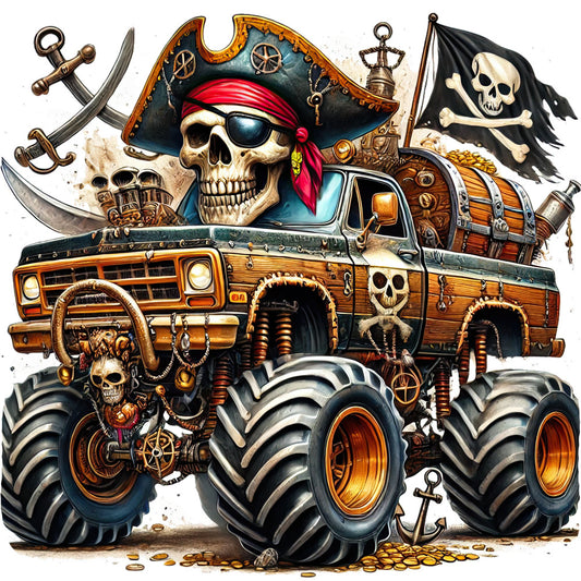 pirate, skull, crossbones, anchor, treasure, gold coins, jolly roger, flag, monster truck, oversized wheels, wooden truck, steampunk, gothic, dark adventure, navy blue, burnt orange, cream, bone white, black, metal accents, chains, vintage, edgy, rebellious, masculine, adventure themed, mixed media, novelty, boys, men