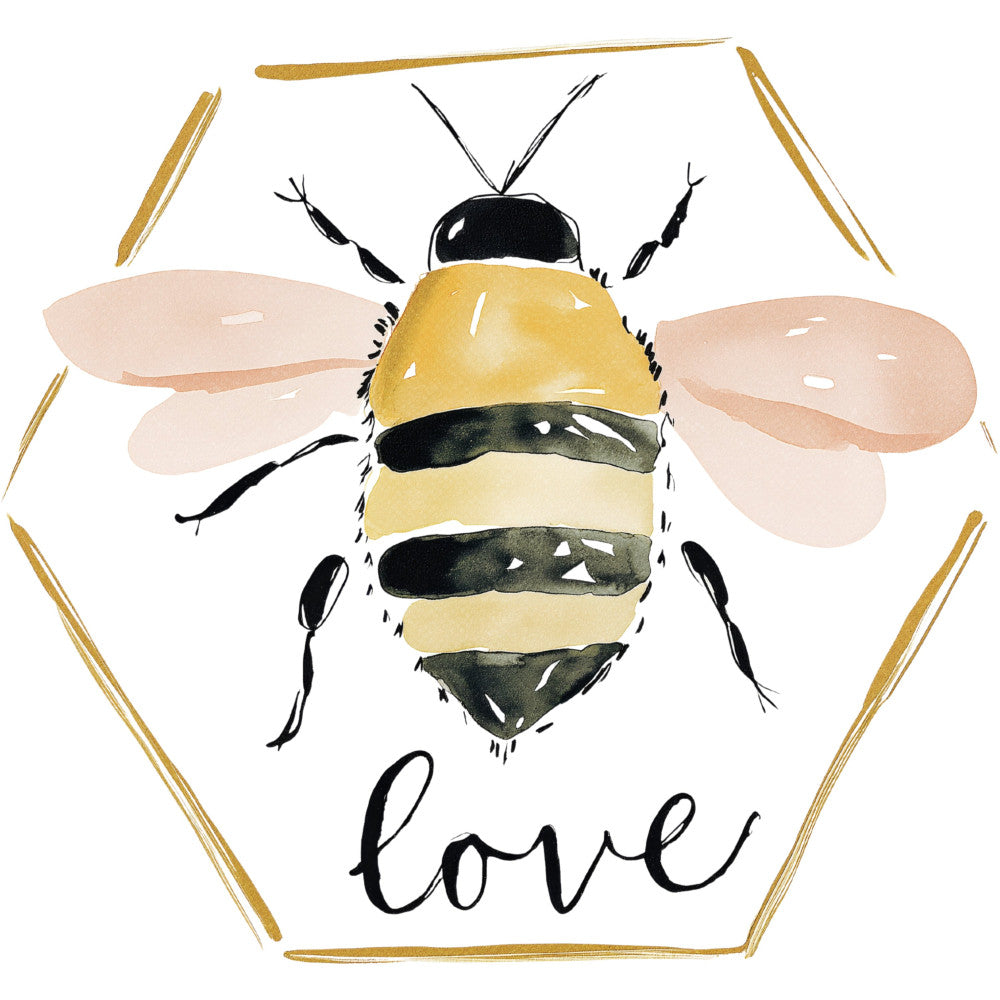 bee, honey bee, bumblebee, yellow, black, cream, gold, tan, beige, nature, insects, animals, whimsical, modern, botanical, love, heart frame, wings, striped abdomen, spring, summer, nursery, baby quilt, wall hanging, decorative, illustrative, watercolor style, cute, playful, inspirational text