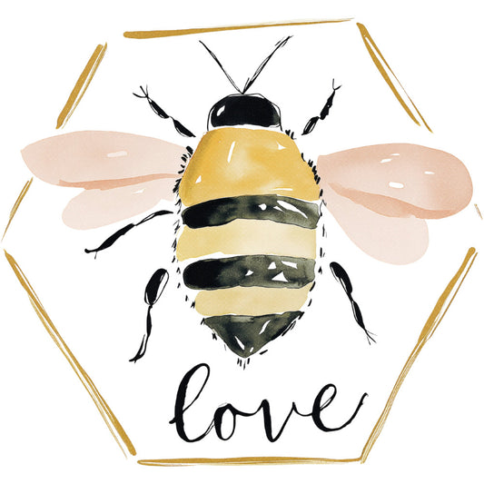bee, honey bee, bumblebee, yellow, black, cream, gold, tan, beige, nature, insects, animals, whimsical, modern, botanical, love, heart frame, wings, striped abdomen, spring, summer, nursery, baby quilt, wall hanging, decorative, illustrative, watercolor style, cute, playful, inspirational text