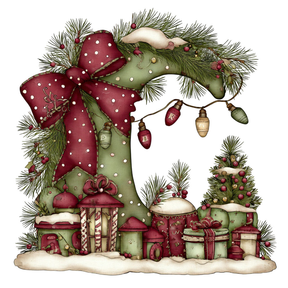 burgundy, cream, forest green, sage green, ivory, wine red, holiday, christmas, whimsical, festive, vintage, traditional, decorative houses, mushroom houses, pine needles, evergreen, snow, winter, presents, gift boxes, ornaments, bows, ribbons, lanterns, enchanted forest, fairy tale, storybook, nostalgic, seasonal, christmas trees