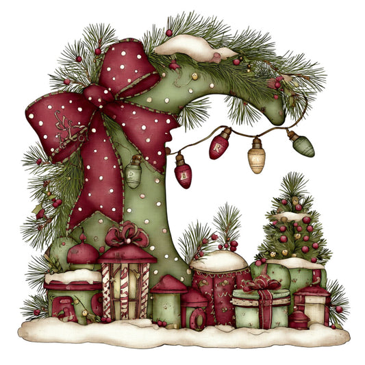 burgundy, cream, forest green, sage green, ivory, wine red, holiday, christmas, whimsical, festive, vintage, traditional, decorative houses, mushroom houses, pine needles, evergreen, snow, winter, presents, gift boxes, ornaments, bows, ribbons, lanterns, enchanted forest, fairy tale, storybook, nostalgic, seasonal, christmas trees