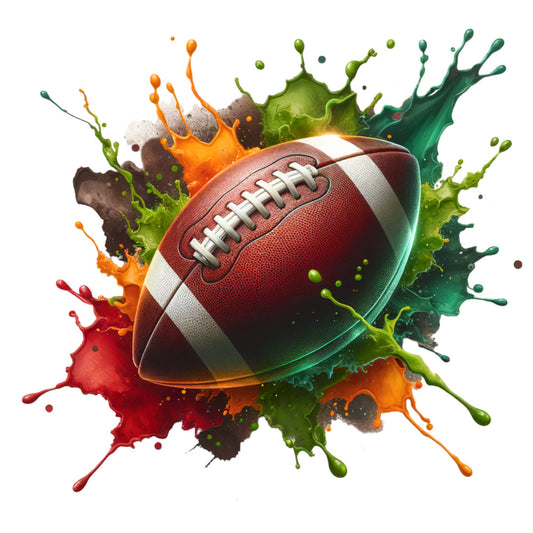 watercolor football, paint splash, brown leather football, white laces, orange splash, green splash, red splash, teal splash, vibrant colors, sports theme, athletic design, fabric panel, quilting cotton, paint splatters, dynamic motion, colorful bursts, football design, sports fabric, crafting material, sewing panel