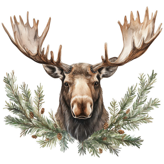 moose head, antlers, evergreen branches, pine cones, brown tones, beige colors, green foliage, watercolor style, wildlife art, forest scene, nature motif, fabric panel, quilting cotton, rustic charm, woodland theme, christmas wreath, holiday design, realistic illustration, northern wildlife, outdoor adventure