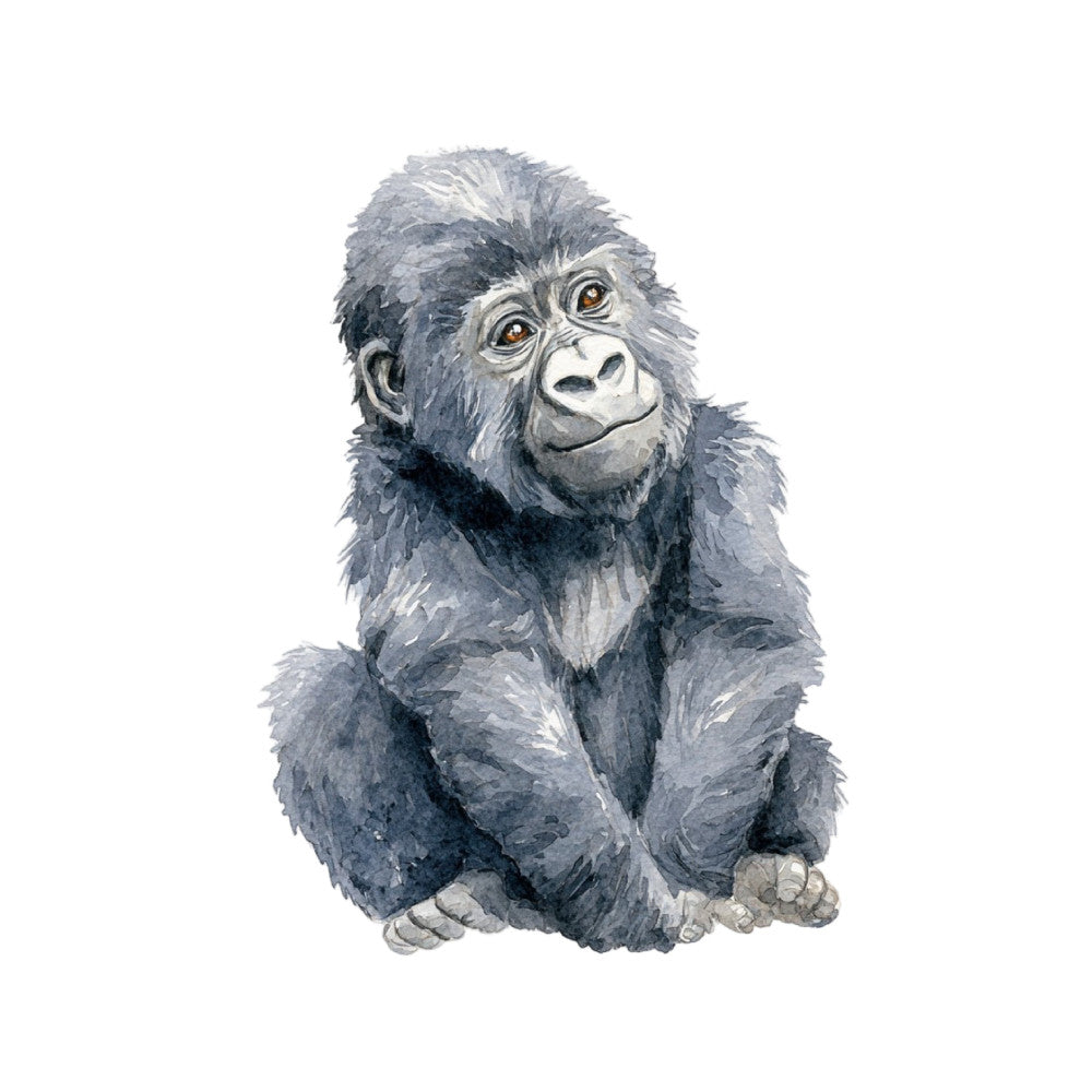 gray, charcoal, slate blue, black, white, animals, wildlife, primates, gorilla, ape, jungle, nature, whimsical, cute, playful, baby animals, young gorilla, realistic, watercolor style, gentle expression, children's, nursery, storybook, realistic wildlife, portrait, black and white illustration, monochromatic, panel design, wall hanging, baby quilt