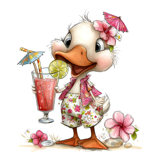 tropical duck, whimsical bird, coral pink, cream white, yellow green, floral print, summer theme, beach vacation, cocktail drink, parasol umbrella, pink flowers, fun animal, playful character, vintage style, cheerful design, novelty print, botanical elements, resort wear, retro illustration, colorful motifs, festive party, children's theme, decorative panel, happy expression, nature inspired, decorative birds, tropical flowers, colorful character print, summery fabric, cute animal design