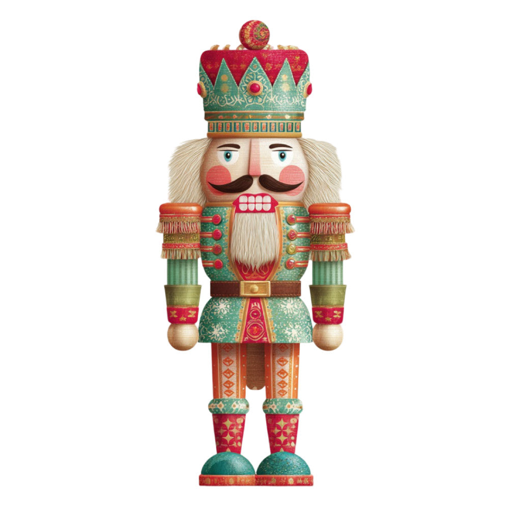 nutcracker, holiday, christmas, red, forest green, gold, cream, traditional, festive, soldier, royal, ornate, decorative, bearded, crown, military, vintage, whimsical, elegant, winter, seasonal, festive clothing, nutcracker soldier, detailed pattern, embellished, formal wear, christmas decoration, timeless, classic holiday