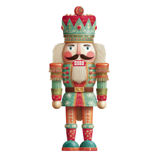 nutcracker, holiday, christmas, red, forest green, gold, cream, traditional, festive, soldier, royal, ornate, decorative, bearded, crown, military, vintage, whimsical, elegant, winter, seasonal, festive clothing, nutcracker soldier, detailed pattern, embellished, formal wear, christmas decoration, timeless, classic holiday