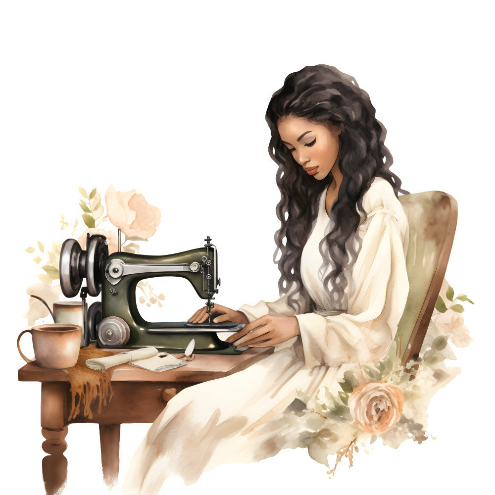 vintage sewing, cream, ivory, sage green, dusty rose, blush pink, peach, brown, woman portrait, sewing machine, floral, roses, flowers, botanical, elegant, romantic, vintage style, retro, nostalgic, cottage core, farmhouse, timeless, classic, sewing theme, needlework, crafting, traditional, feminine, antique, steampunk