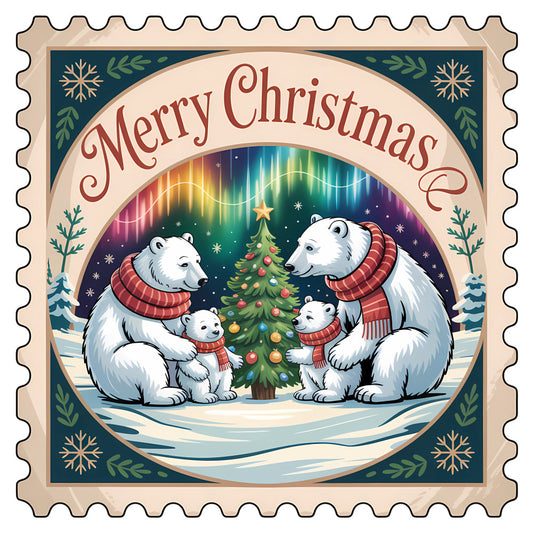 Vintage Christmas Stamps Fabric Panel 33 features a family of polar bears in scarves by a decorated tree under colorful northern lights.