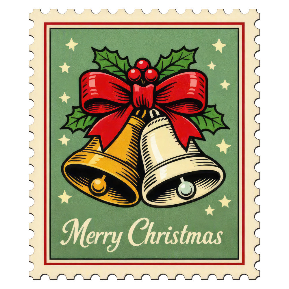 christmas, holiday, vintage, retro, festive, bells, red bow, holly, berries, gold, cream, forest green, stars, traditional, elegant, nostalgic, seasonal, winter, decorative, stamp design, classic, timeless, joy, celebration, red and green, metallic gold, whimsical, cheerful, merry christmas