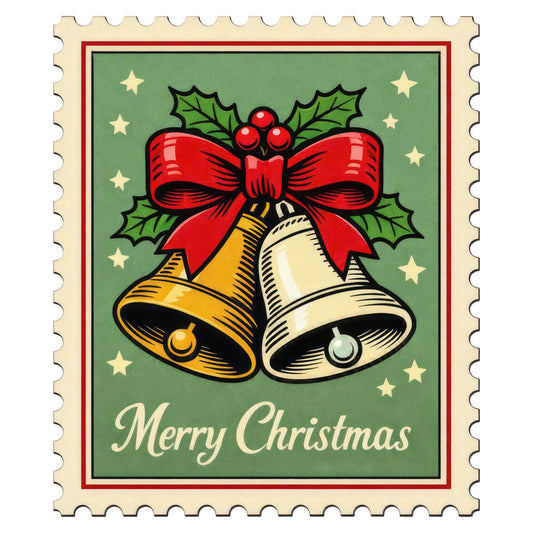 christmas, holiday, vintage, retro, festive, bells, red bow, holly, berries, gold, cream, forest green, stars, traditional, elegant, nostalgic, seasonal, winter, decorative, stamp design, classic, timeless, joy, celebration, red and green, metallic gold, whimsical, cheerful, merry christmas