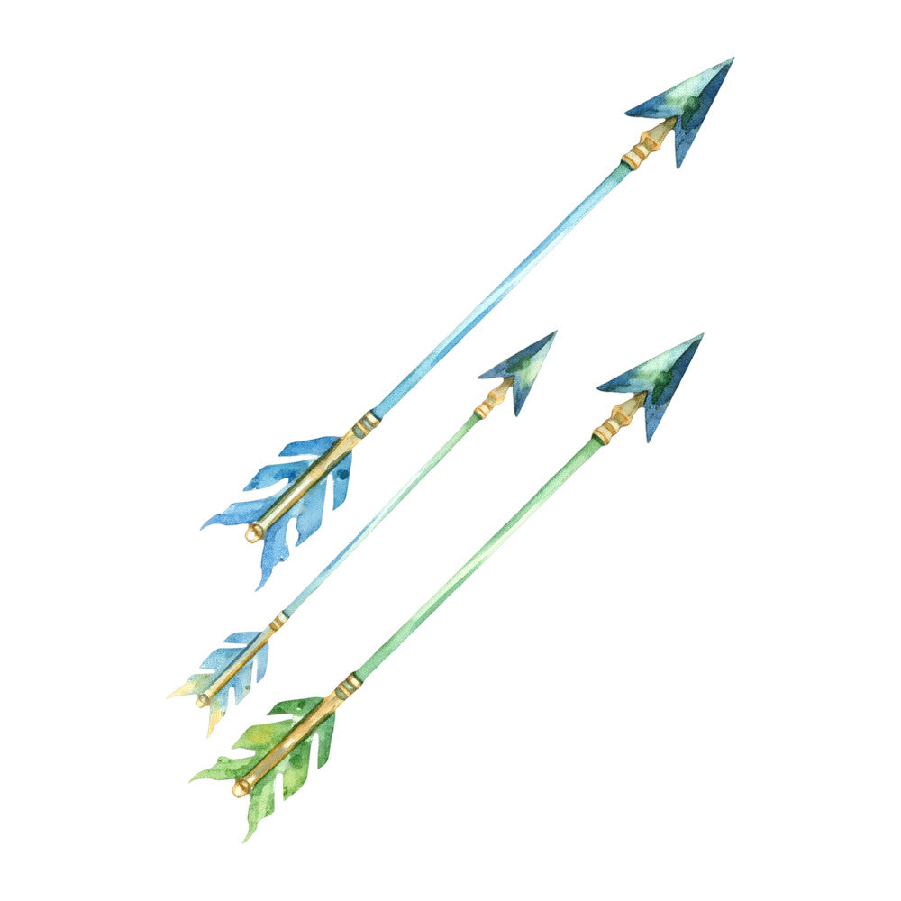 arrows, turquoise, teal, blue-green, seafoam green, gold, brass, nature, tribal, bohemian, whimsical, feathered arrows, fletched arrows, indigenous inspired, southwestern, geometric, modern, adventure, directional, woodland, earthy tones, metallic accents, hand-painted, watercolor effect, wall hanging, home decor, accent fabric